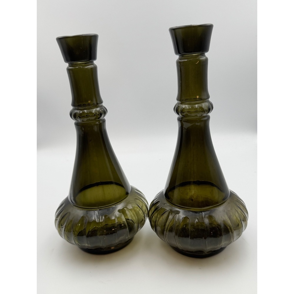Vintage Olive Green Genie Bottle Decanters Set of 2 Mid Century Glass D-334 1964